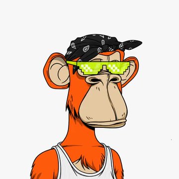 A cartoon orange monkey wearing a black paisley bandana, green pixelated "deal with it" sunglasses, and a white tank top, fitting the "always cooking" vibe with its cool, ready-for-anything look.