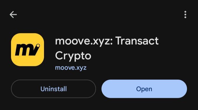 An app store listing screenshot for "moove.xyz: Transact Crypto" by moove.xyz, displaying the yellow logo with "mv" and options to Uninstall or Open.