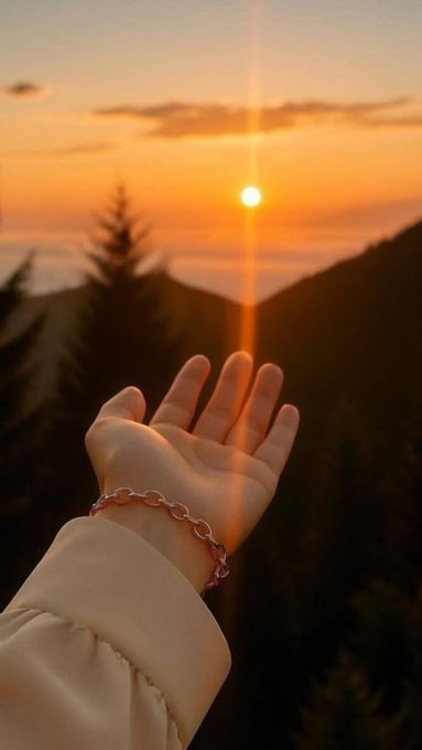 The image features a person's hand reaching out towards the sun, with their wrist adorned by a bracelet. The scene takes place outdoors during sunset, creating a serene atmosphere. The photo captures the essence of the moment when the sun sets behind the trees in the background, casting long shadows and bathing everything in warm hues.

The image also contains text that reads "Good morning CT The strongest networks are built long before the spotlight arrives @quipnetwork is exploring a future where digital ownership and quantum safe protection can work together instead of existing separately". This message seems to be related to the bracelet on the person's wrist, possibly symbolizing the idea of digital ownership or control over one's personal information.

The overall mood of the image is peaceful and contemplative, with the sun setting behind trees in the background and the hand reaching out towards it.