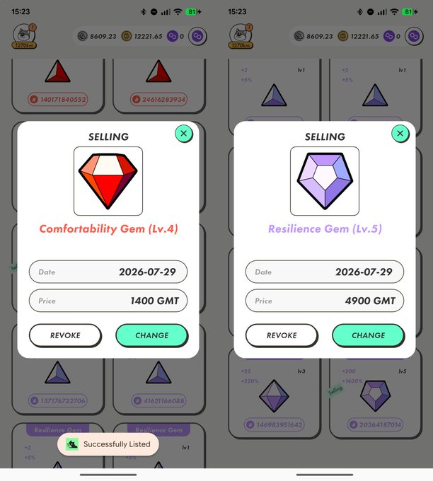 Two mobile game screenshots showing the sale of in-game gems: a 'Comfortability Gem (Lv.4)' for 1,400 GMT and a 'Resilience Gem (Lv.5)' for 4,900 GMT, both dated 2026-07-29.