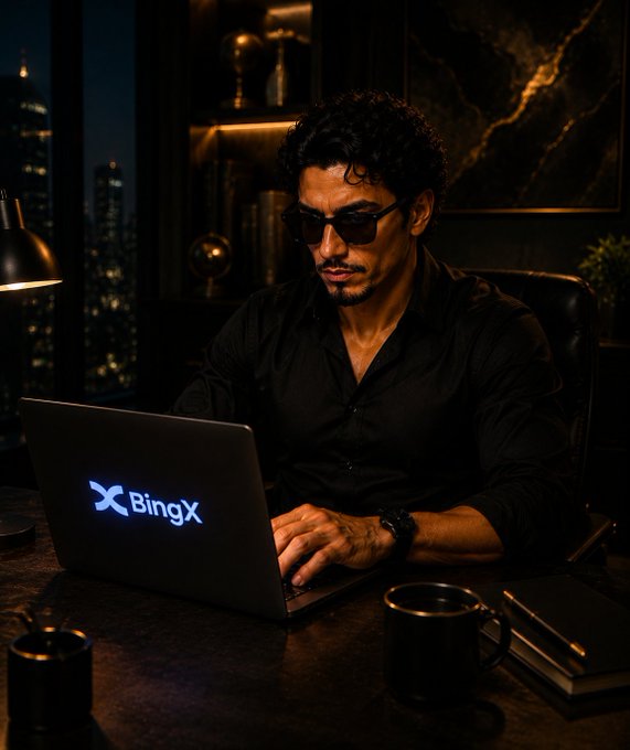 The image shows a man sitting at a desk using his laptop, which has the word "bingx" written on its screen. The man appears to be working or browsing the internet while wearing sunglasses and a black shirt. There are also two cups placed on the table in front of him. The background features a window overlooking a city skyline, suggesting that he might be located in an urban setting. The image is related to the post because it promotes the BingX campaign, which encourages people to use their laptops for online activities and spread awareness about the campaign.
