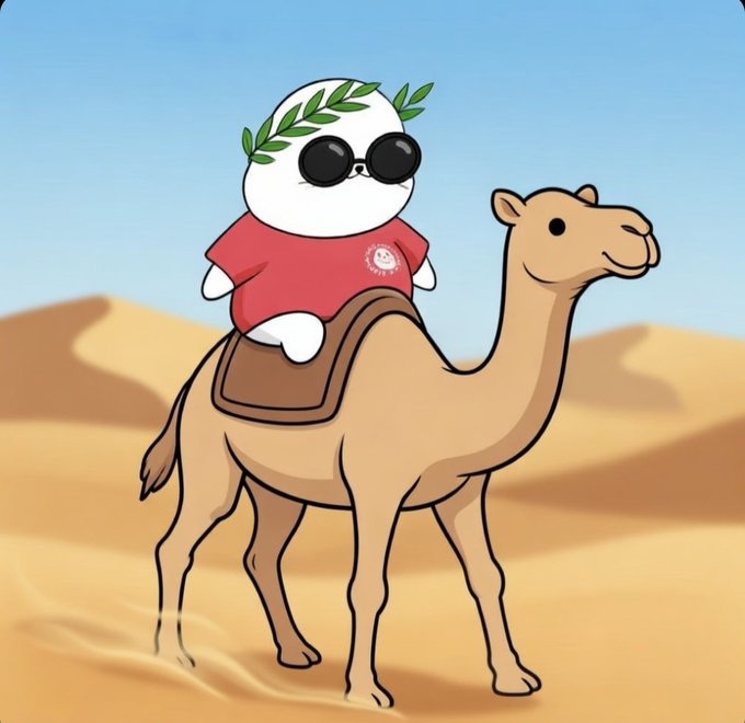 A cartoon panda character wearing sunglasses, a laurel wreath, and a red shirt riding a camel across a desert landscape with sand dunes.