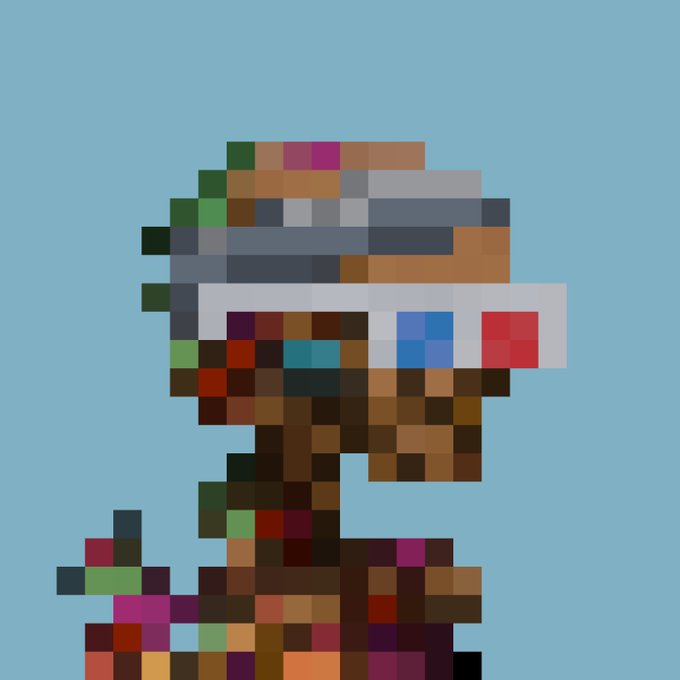 A pixel art illustration of a character with sunglasses and curly hair displayed against a solid light blue background.