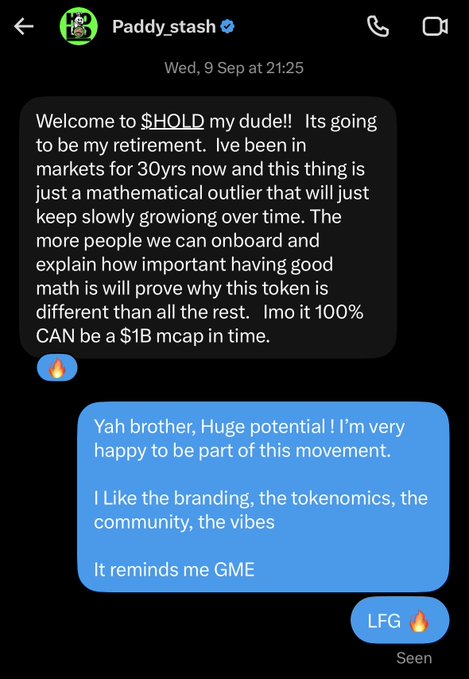 A Twitter DM conversation where 'Paddy_stash' promotes the $HOLD token as a 'mathematical outlier' that will reach a $1B mcap.