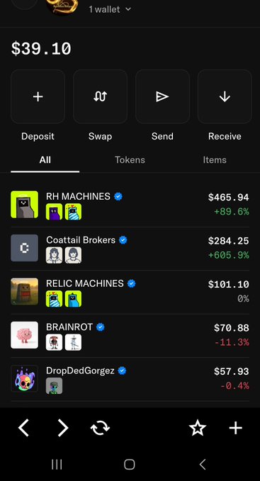 A screenshot of a mobile crypto wallet app showing a balance of $39.10 and a portfolio list including tokens like RH MACHINES (+89.6%), Coattail Brokers (+605.9%), RELIC MACHINES, BRAINROT, and DropDedGorze.