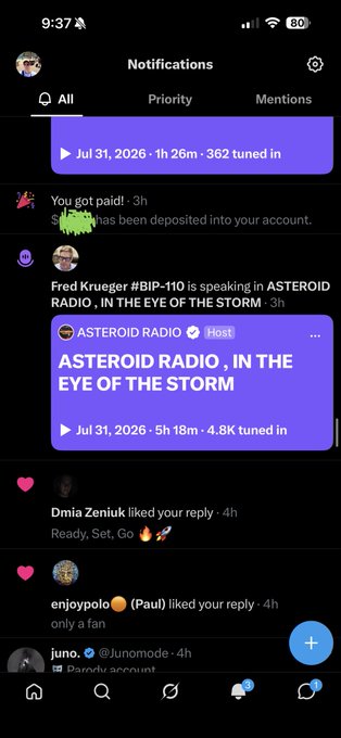 A smartphone screenshot shows an X (Twitter) Notifications page displaying "You got paid!" message with the payout amount scribbled out in green, alongside activity notifications like Fred Krueger #BIP-110 speaking on ASTEROID RADIO and various replies. The image relates to the creator's post by confirming that X Creator Revenue Sharing Payouts have indeed arrived, though the exact amount is obscured in the notification.