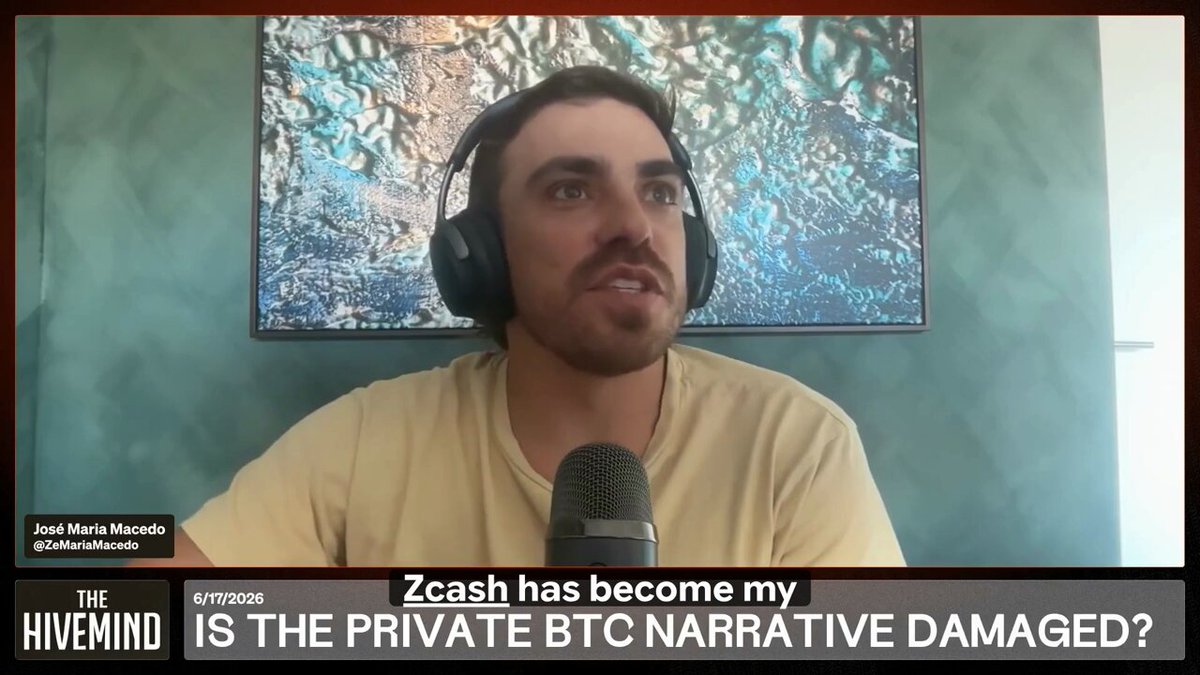 The image shows a man wearing headphones, sitting behind a microphone while talking into it. The background of the image features a painting or artwork that includes the words "Zcash has become my private btc narrative damaged?" written above the man's head. This suggests that the man is discussing the impact of Zcash on his life and how it has affected him in terms of personal narratives, possibly related to Bitcoin.