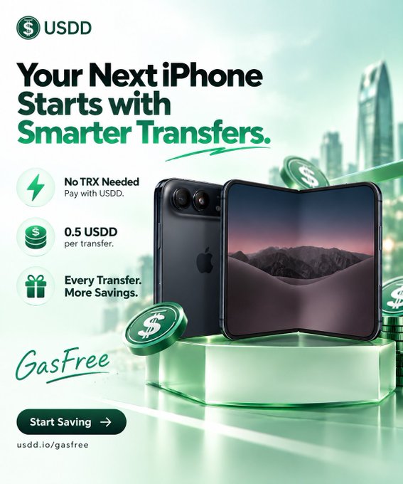 This promotional image for USDD's "GasFree" service advertises transfer savings featuring an iPhone (one folded and one standing upright) on a green pedestal surrounded by USDD coins, with key offers highlighted: no TRX needed, just 0.5 USDD per transfer, and a call-to-action at "usdd.io/gasfree." The ad visually reinforces the accompanying post's claim that saving on transfer fees can accumulate enough over a year to afford two iPhones, showing the reward (iPhones) earned by the daily USDD transfers.