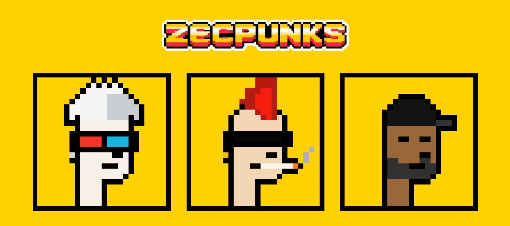 Pixel art banner for 'ZECPUNKS' featuring three characters wearing sunglasses, a Roman helmet, and a baseball cap against a yellow background.