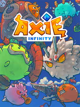 A colorful promotional illustration for "Axie Infinity" featuring various cartoon creature characters surrounding the game's logo, celebrating the 8-year anniversary since its launch. The vibrant artwork showcases the game's signature axolotl-inspired creatures in playful poses against a bright blue sky background.