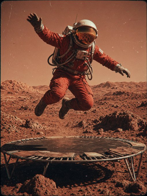 An astronaut in a red spacesuit jumps on a trampoline on a reddish, Mars-like terrain under a dusky sky.