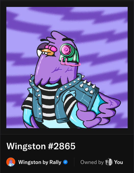 A digital NFT artwork labeled 'Wingston #2865' featuring a purple character with a green swirly eye, spiky jacket, and striped shirt, created by 'Wingston by Rally'.
