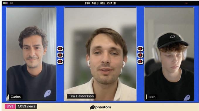 A live stream broadcast from Phantom titled 'TWO ACES ONE CHAIN' featuring three participants in separate video panels: Carlos, Tim Haldorsson (center), and leon, with 1,053 views.
