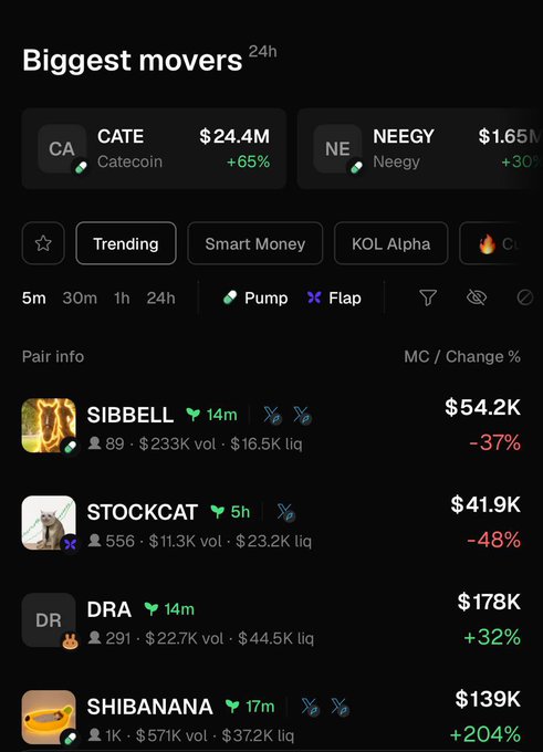 The image shows a "Biggest movers" trading dashboard displaying 24-hour price data, with top gainers Catecoin (CATE, $24.4M, +65%) and Neegy (NEEGY, $1.65M, +30%), alongside a list of newly created meme coins like SIBBELL, STOCKCAT, DRA, and SHIBANANA showing their market caps and percentage changes. This directly illustrates the tutorial's claim about using Trady to spot "early alpha" by surfacing newly minted tokens and their rapid price movements before they gain mainstream attention on Crypto Twitter (CT).