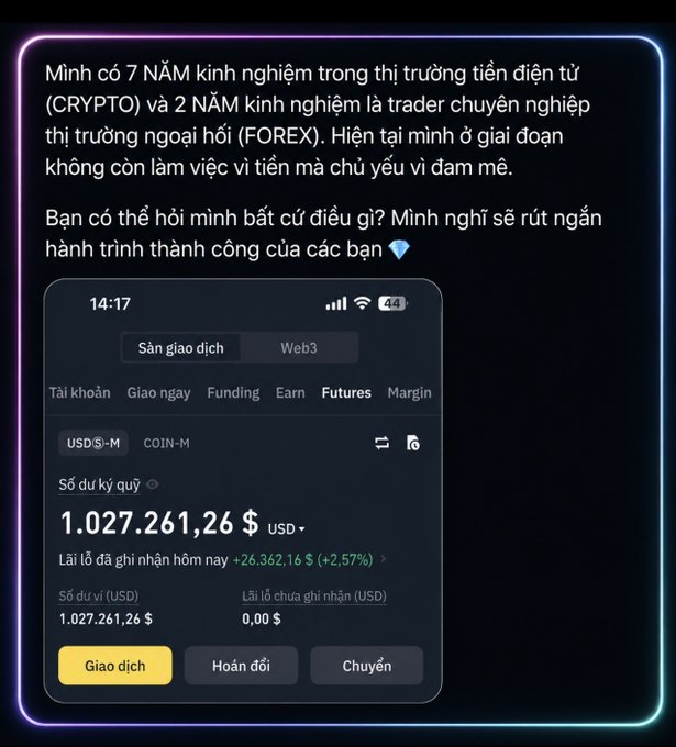 A Vietnamese crypto promotion claiming 7 years of crypto and 2 years of forex experience, showing a trading app screenshot with a balance of "1.027.261,26 $ USD" and a +2.57% daily gain.