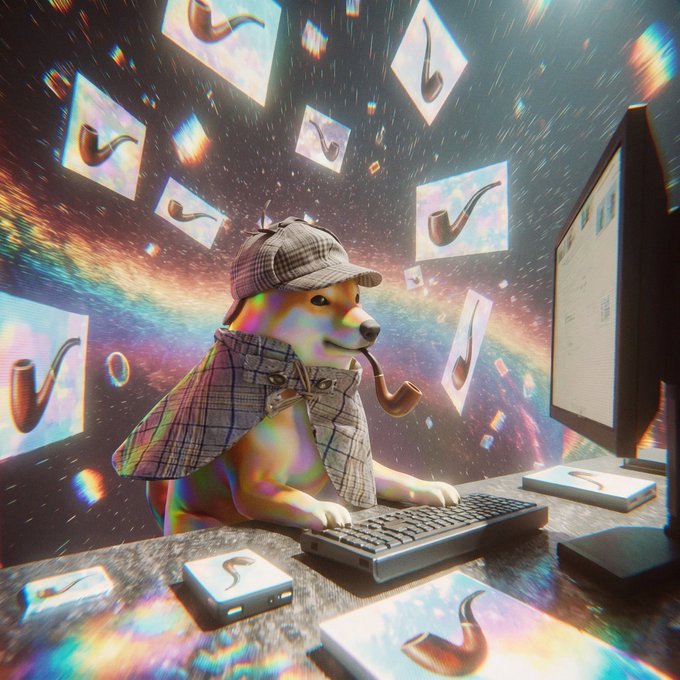 A rainbow-colored dog dressed as Sherlock Holmes (wearing a deerstalker cap and plaid coat) types at a computer keyboard with a pipe in its mouth, while neural network outputs of pipe images float through a cosmic background—visually fusing the "bulls move markets, memes move people" joke by depicting an AI "detective" generating endless pipe memes that drive market sentiment.
