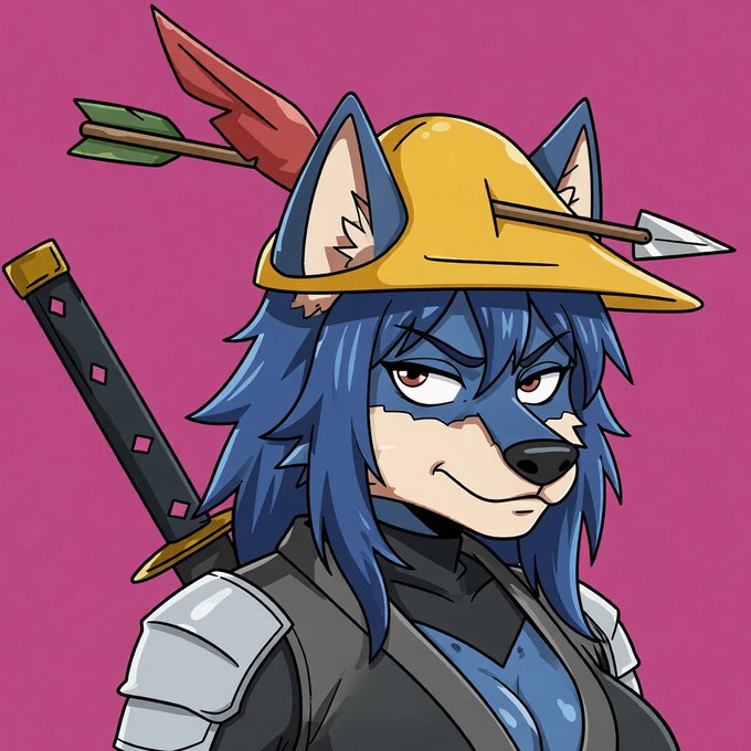 An anime-style illustration shows a blue wolf or dog character with a yellow hat pierced by an arrow, carrying a katana on their back against a pink background.