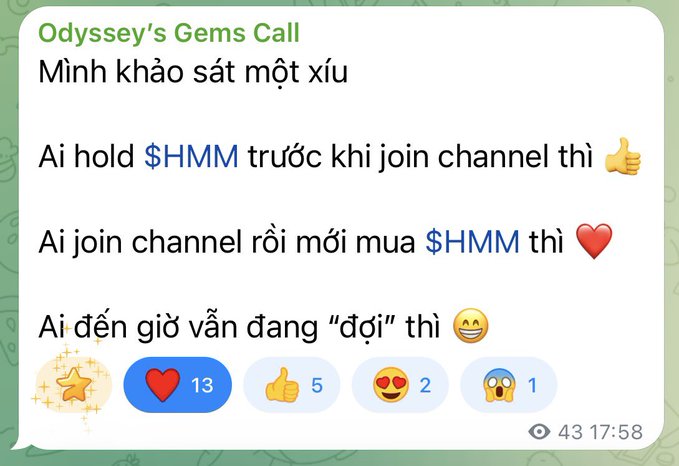 A Telegram message in Vietnamese from 'Odyssey's Gems Call' discussing $HMM tokens, showing 43 views at 17:58 with various emoji reactions.