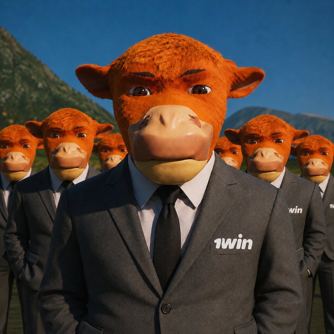A surreal AI-generated image showing multiple humanoid figures with orange cow/bull heads wearing dark business suits with '1win' logos, standing in a mountainous landscape.