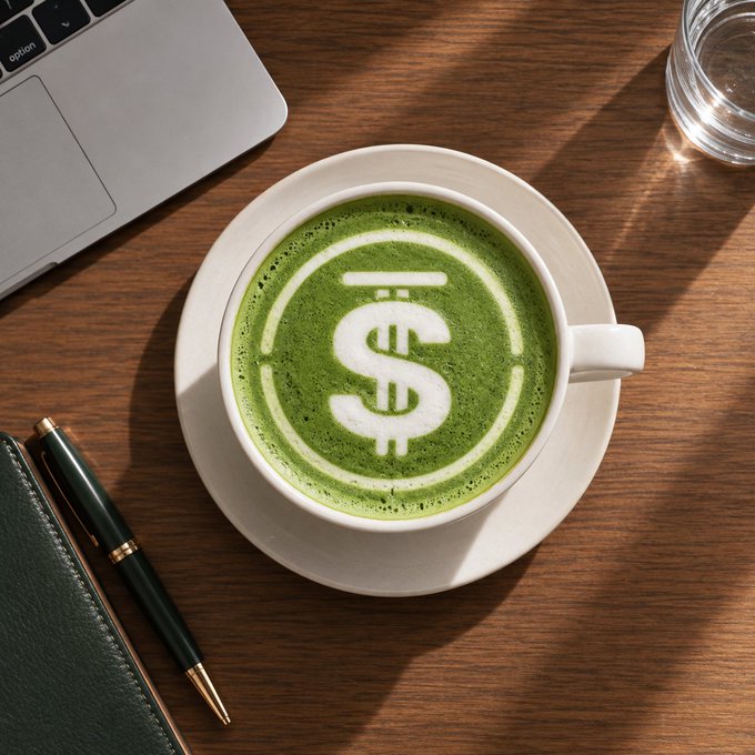 A top-down photo of a matcha latte in a white cup with a dollar sign ($) drawn in the foam, placed on a wooden desk next to a laptop, a pen, and a glass of water.
