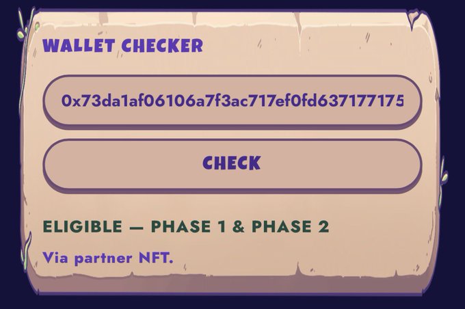 A cartoon-themed "Wallet Checker" interface displays the Ethereum address 0x73da1af06106a7f3ac717ef0fd637177175, confirming eligibility for "PHASE 1 & PHASE 2" via partner NFT for the @unvault project, relevant to the ₿-R4ted Community announcement.