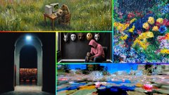 A collage of four images shows a deer, a stone archway, a person in a pink shirt, and a Monet-style floral painting.