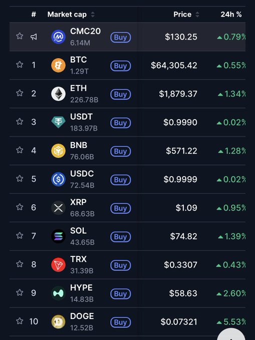 A cryptocurrency market dashboard displays the top 10 coins by market cap, including BTC ($64,305.42, +0.55%), ETH ($1,879.37, +1.34%), and HYPE ($58.63, +2.60%), with CMC20 at the top showing $130.25. All listed assets are in the green with modest 24-hour gains, illustrating Ansem's aspirational roadmap to "flip everything" — though most top coins still trade well above HYPE's price point.