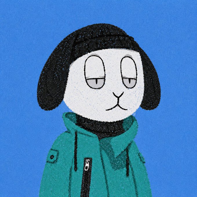A drawing of a character with a black bob haircut and sleepy expression wearing a teal hooded jacket against a blue background.