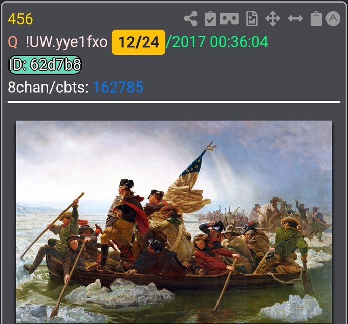 An 8chan /cbts/ thread (post 162785, ID 62d7b8) from 12/24/2017 displaying Emanuel Leutze's famous 1851 painting 'Washington Crossing the Delaware,' showing George Washington and soldiers crossing an icy river with an American flag.
