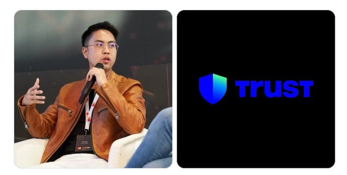 A split image showing a man in a brown leather jacket speaking into a microphone on the left, and the blue "TRUST" Wallet logo on the right.