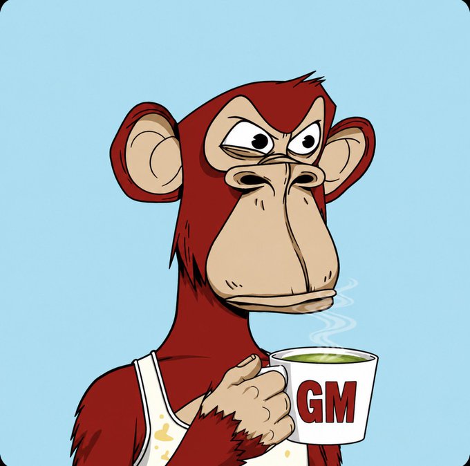 The image features a cartoon monkey holding a cup of matcha, which has been edited with GM written on it. The caption below the image reads "GM My Ape is a matcha lover Who else loves matcha?". This suggests that the image might be related to a post or social media content promoting the idea of enjoying matcha as a beverage among friends and family members.
