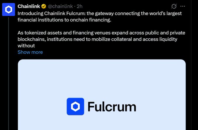 A tweet from Chainlink (@chainlink) introducing 'Chainlink Fulcrum: the gateway connecting the world's largest financial institutions to onchain financing,' with the Fulcrum logo displayed below.
