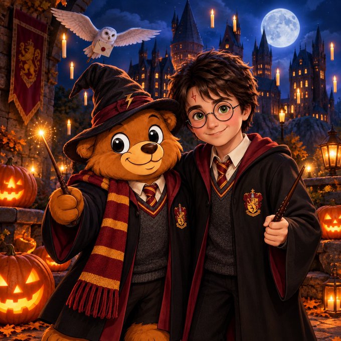 A fantasy-style illustration shows a smiling teddy bear in a wizard hat and scarf standing next to a young wizard with glasses and a wand, set against a Halloween backdrop with a castle, jack-o'-lanterns, and a flying owl.