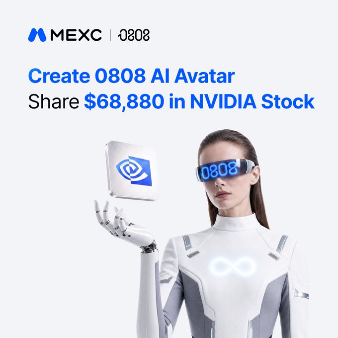 A futuristic woman in white techwear with glowing "0808" VR glasses holds an NVIDIA logo cube, promoting MEXC's "Create 0808 AI Avatar" campaign offering $68,880 in NVIDIA stock rewards.