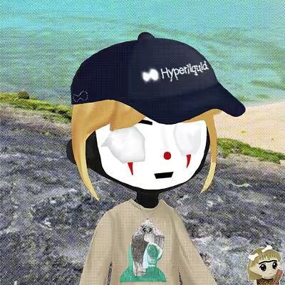 An animated Mii-style character with blonde hair wearing a dark blue cap that reads "Hyperliquid," standing against a beach backdrop with a small dog figure beside them.