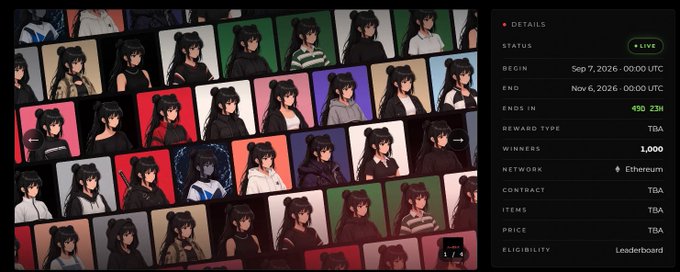 A webpage displaying a grid of anime-style avatars alongside details for a live event ending Nov 6, 2026, with TBA reward type, 1,000 winners, and Ethereum network, accessible by leaderboard eligibility.