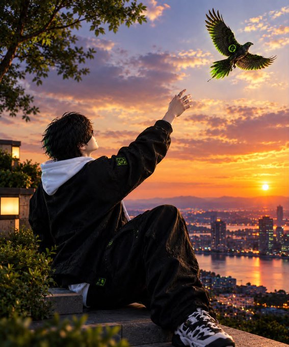 A digitally rendered or anime-style illustration of a young man in a black tracksuit sitting on a ledge at sunset, reaching out toward a green flying parrot with a glowing city skyline in the background.