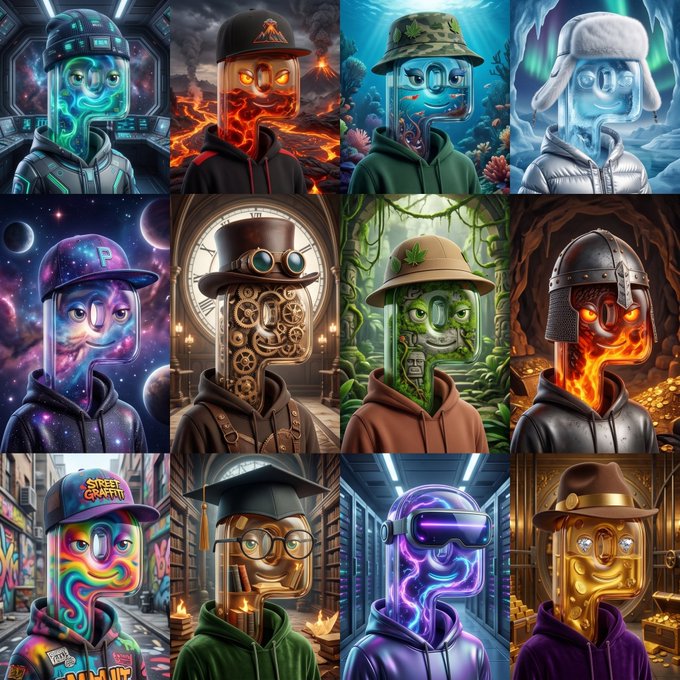 A grid of twelve stylized "pon" character portraits, each depicting a boxy, metallic figure with expressive eyes wearing different hats and outfits—ranging from a cosmic galaxy-print cap ("P") and graffiti street art design ("STREET CRAFFITI") to a fiery warrior helmet, ushanka, top hat with goggles, and VR headset—reinforcing the "choose your pons" theme by showcasing diverse aesthetic options for players to select from.