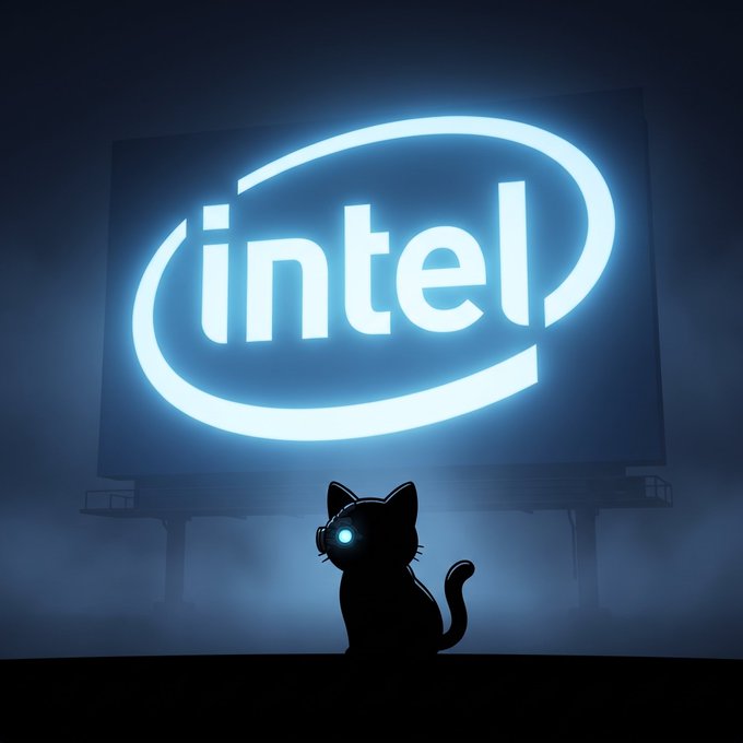 An artistic digital illustration shows a black cat with a glowing blue eye sitting in front of a large illuminated billboard displaying the Intel logo, set against a dark, foggy background.