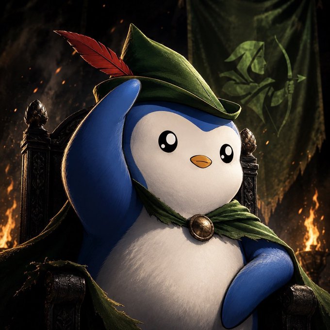 A 3D render of a cute, round blue and white penguin-like creature wearing a green Robin Hood-style hat and cape, sitting on a throne with flames in the background.