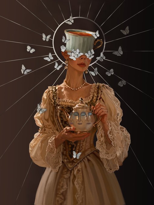 A surreal digital artwork depicting a woman in an ornate vintage cream-colored dress holding a face-shaped teapot, with a teacup replacing her head and white butterflies emerging from it against a dark background with radiating light beams.