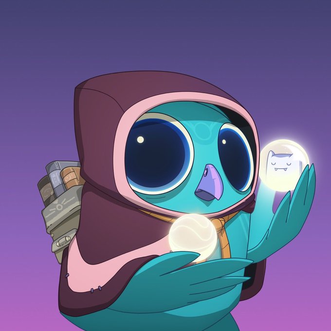 A digital illustration of a teal-colored alien character wearing a maroon hood, holding two glowing orbs—one containing a small sleeping cat figure—against a purple gradient background.