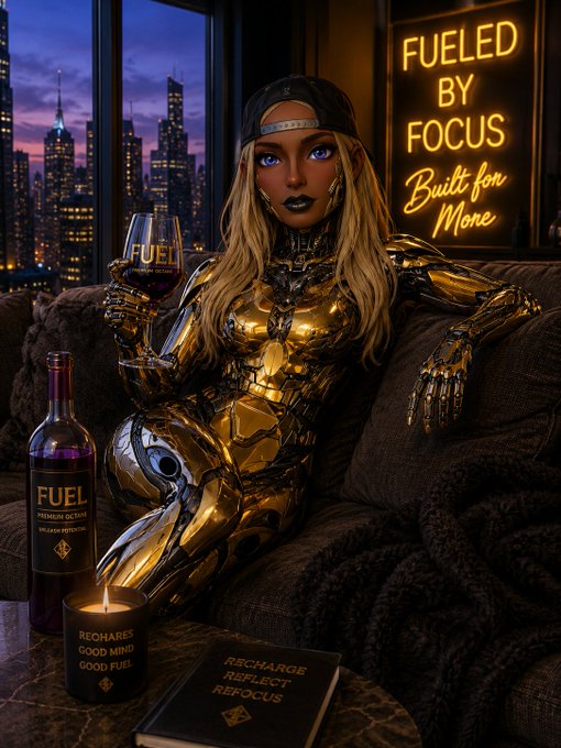 An AI-generated image of a blonde woman in a golden metallic bodysuit and black cap sitting on a couch, holding a 'FUEL' wine glass, with neon signs reading 'FUELED BY FOCUS Built for More' and a city skyline backdrop.