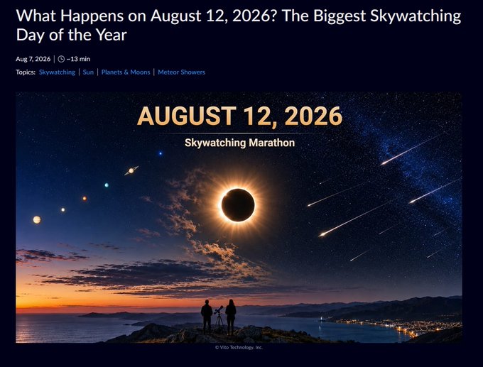 The image promotes a major skywatching event on August 12, 2026, labeled as a "Skywatching Marathon" featuring a total solar eclipse, planetary alignment, and meteor showers, with the article dated August 7, 2026 under topics including Skywatching, Sun, Planets & Moons, and Meteor Showers. It visually ties to the post's excitement about this rare convergence of celestial events, which the XRP community is celebrating as an astrologically significant day for holders.