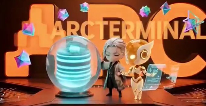 Promotional 3D art for 'ARCTERMINAL' (ARC) featuring two stylized characters next to a glowing blue orb, with floating crystal shards.