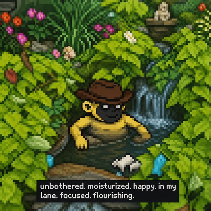 A pixel art monkey wearing a brown hat relaxes in a lush jungle setting by a waterfall, with the text "unbothered. moisturized. happy. in my lane. focused. flourishing." displayed below—capturing the chill, carefree spirit of "doing nothing."