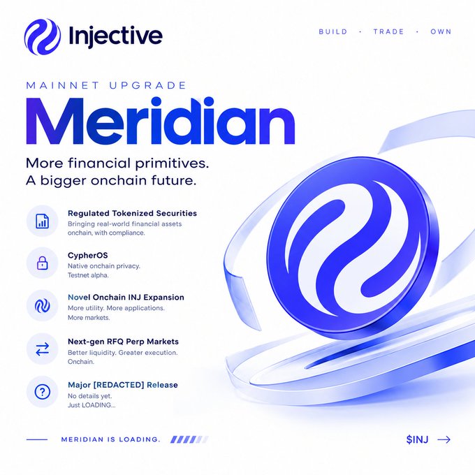 An Injective cryptocurrency 'Meridian' mainnet upgrade announcement highlighting features like Regulated Tokenized Securities, CypherOS, Novel Onchain INJ Expansion, Next-gen RFQ Perp Markets, with a 3D Injective logo and 'MERIDIAN IS LOADING...' text.