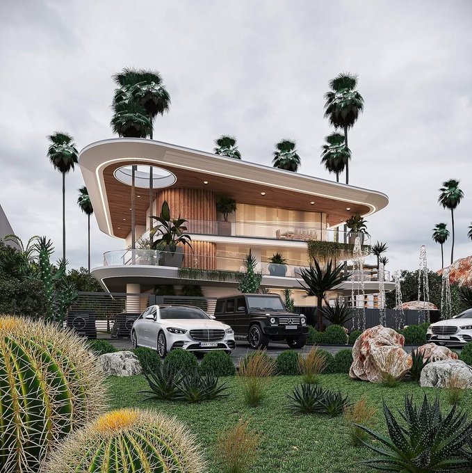 The image features a large, modern house with a curved roof surrounded by palm trees. The house has two floors and is situated near a parking lot filled with cars. In addition to the house, there are several cacti plants scattered throughout the scene. The photo also includes a caption that reads "Good morning CT The strongest builders are working while the market is quiet Some teams are focused on improving the crypto experience instead of chasing short term attention." This suggests that the image may be related to the world of cryptocurrency or blockchain technology, possibly highlighting the importance of focus and dedication in such fields.