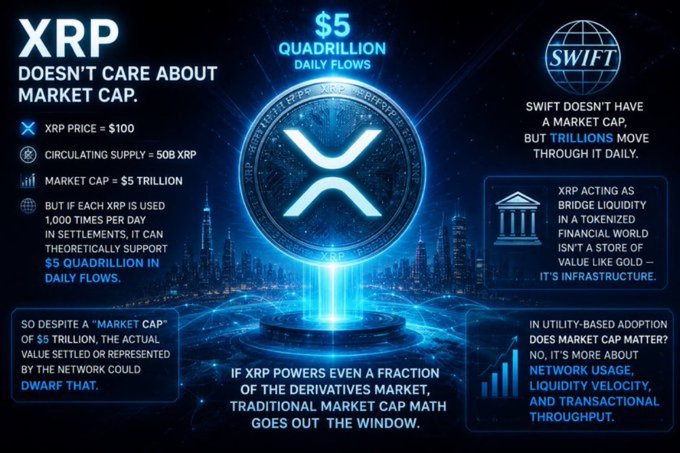 An infographic arguing XRP doesn't care about market cap, claiming that if XRP were priced at $100 with 50B circulating supply ($5T market cap) and used 1,000 times per day in settlements, it could theoretically support $5 quadrillion in daily flows, compared to SWIFT.