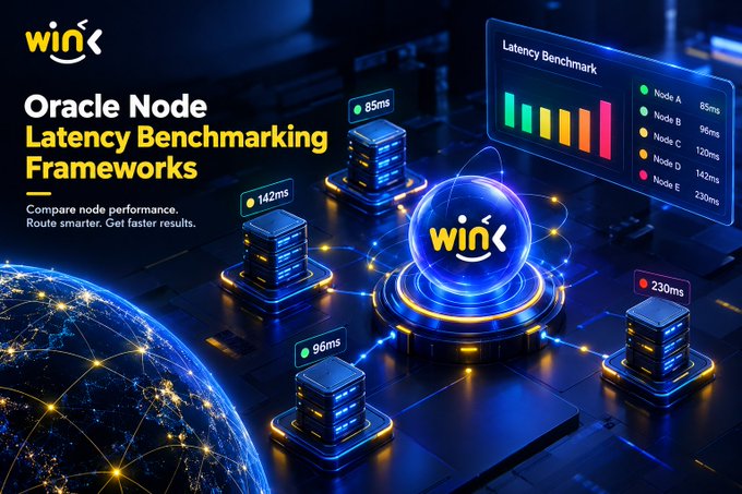 A promotional graphic titled 'Oracle Node Latency Benchmarking Frameworks' by 'win' showing a network of interconnected server nodes with latency times displayed.